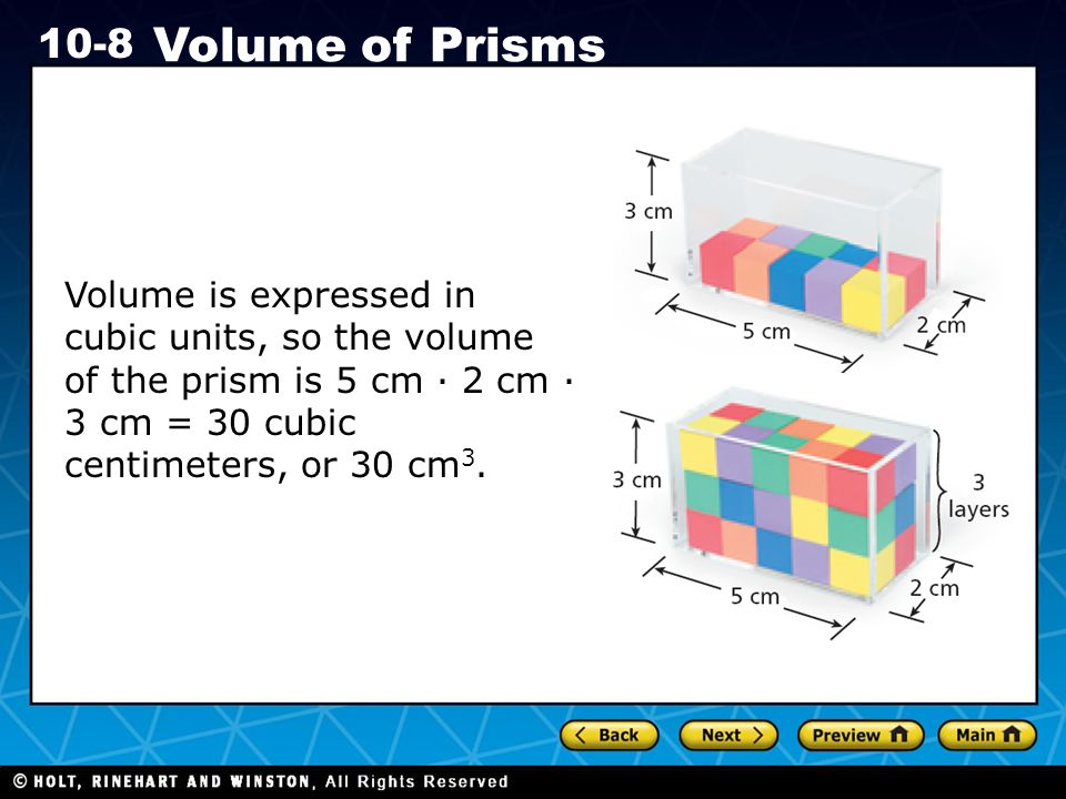 Volume is expressed in cubic units, so the volume of the prism is 5 cm · 2 cm · 3 cm = 30 cubic centimeters, or 30 cm3.