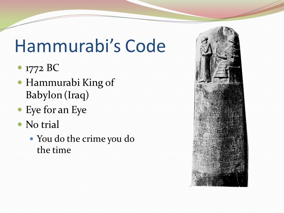 Hammurabi’s Code 1772 BC Hammurabi King of Babylon (Iraq)