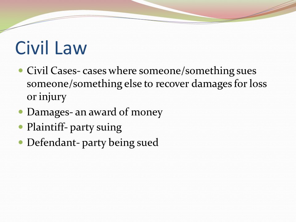 Civil Law Civil Cases- cases where someone/something sues someone/something else to recover damages for loss or injury.