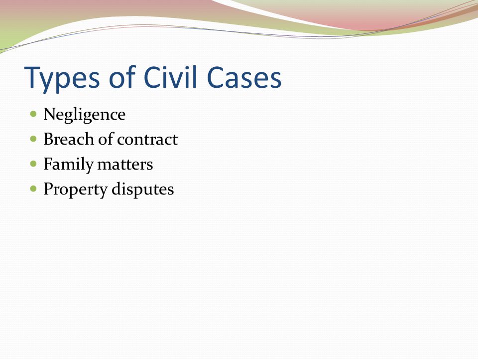Types of Civil Cases Negligence Breach of contract Family matters