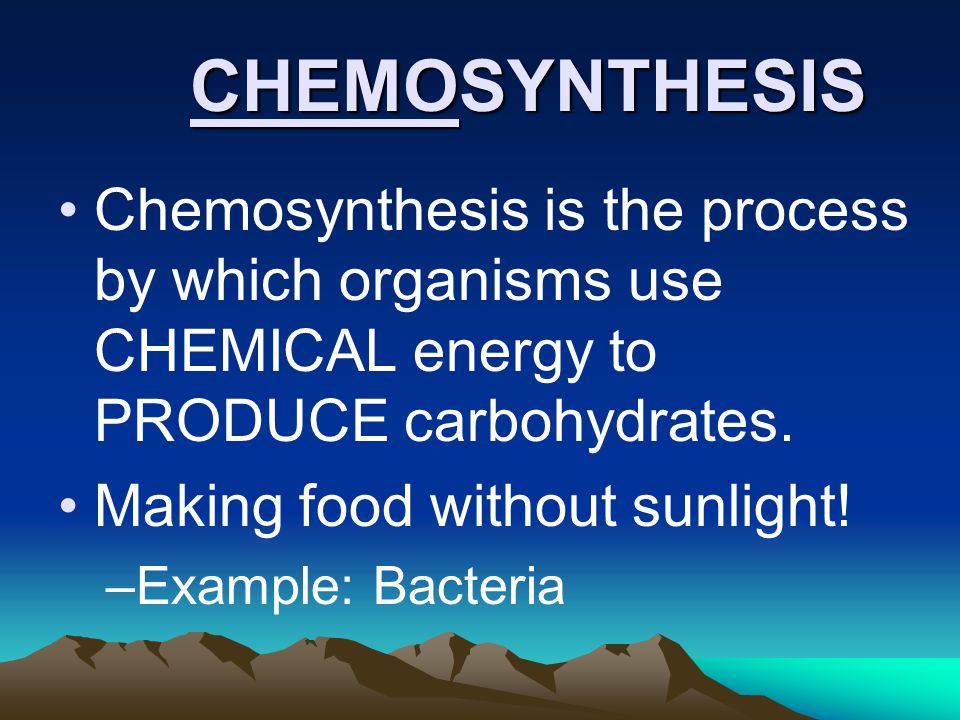 CHEMOSYNTHESIS Chemosynthesis is the process by which organisms use CHEMICAL energy to PRODUCE carbohydrates.