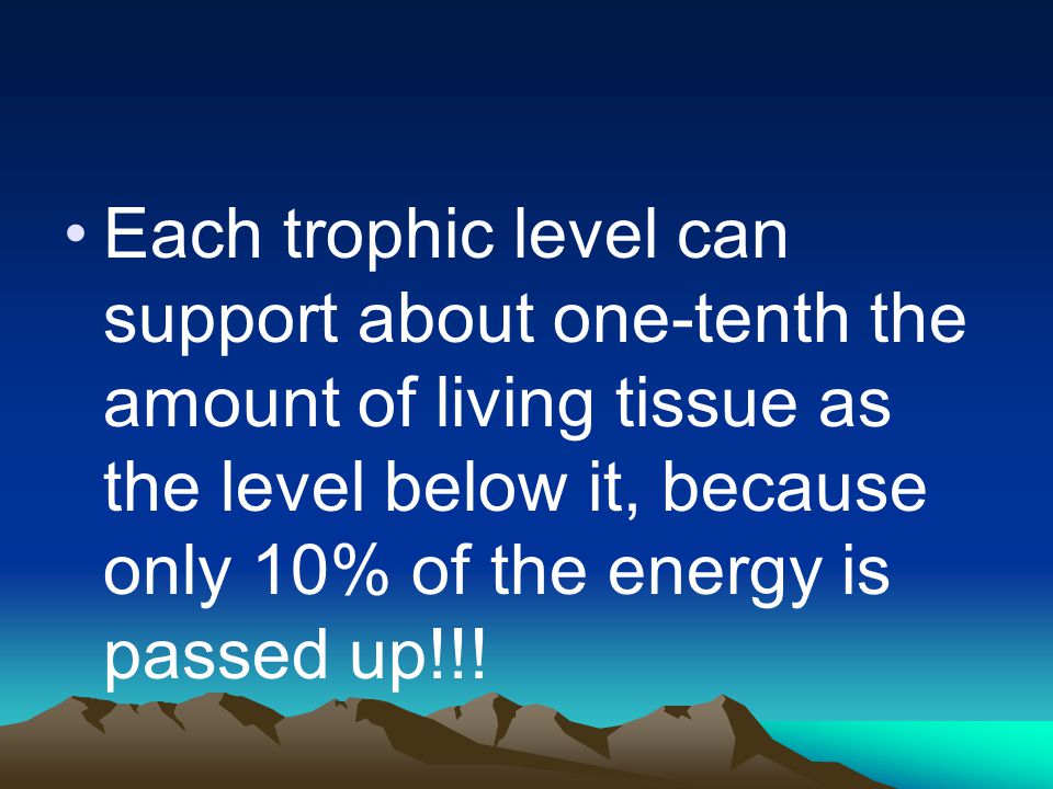 Each trophic level can support about one-tenth the amount of living tissue as the level below it, because only 10% of the energy is passed up!!!