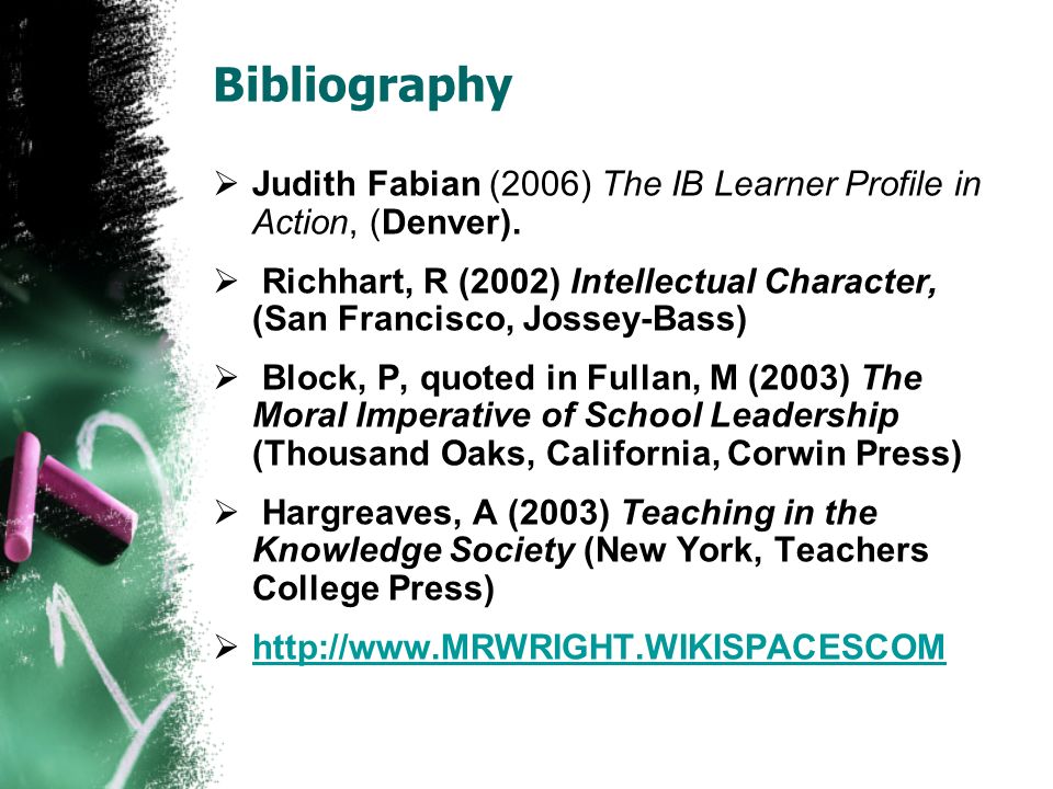 Bibliography Judith Fabian (2006) The IB Learner Profile in Action, (Denver).