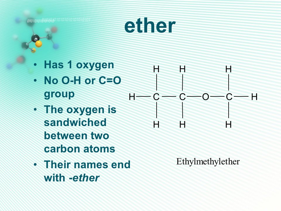 ether Has 1 oxygen No O-H or C=O group