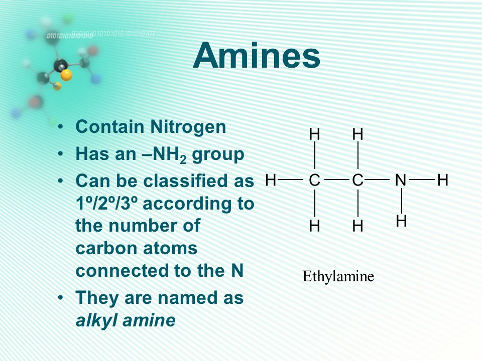 Amines Contain Nitrogen Has an –NH2 group