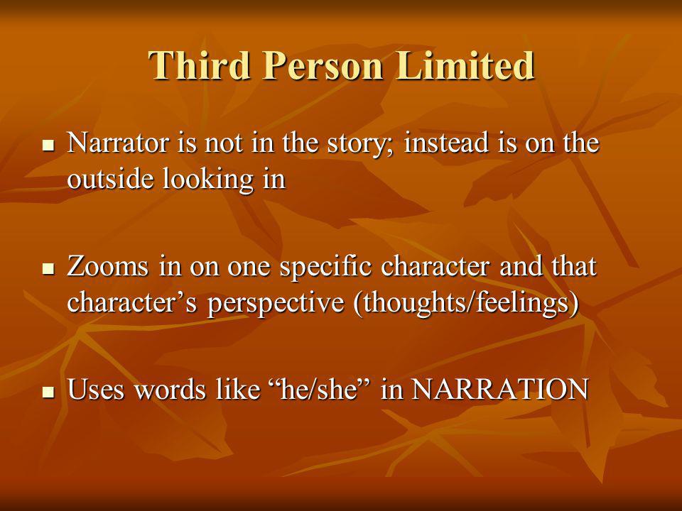 Third Person Limited Narrator is not in the story; instead is on the outside looking in.