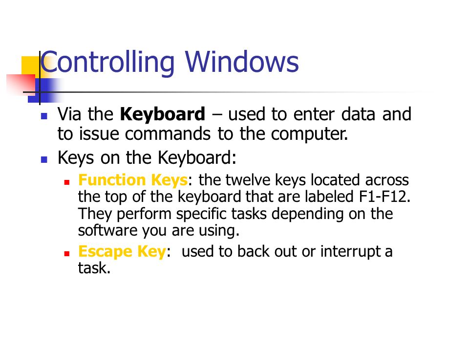 Controlling Windows Via the Keyboard – used to enter data and to issue commands to the computer. Keys on the Keyboard: