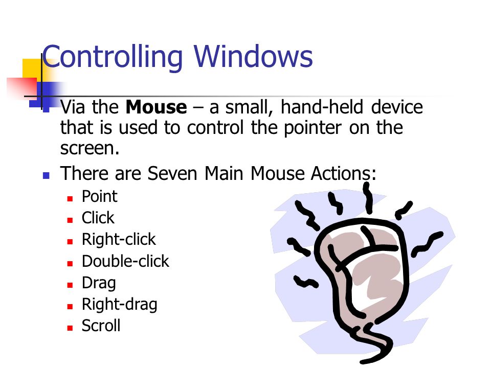 Controlling Windows Via the Mouse – a small, hand-held device that is used to control the pointer on the screen.