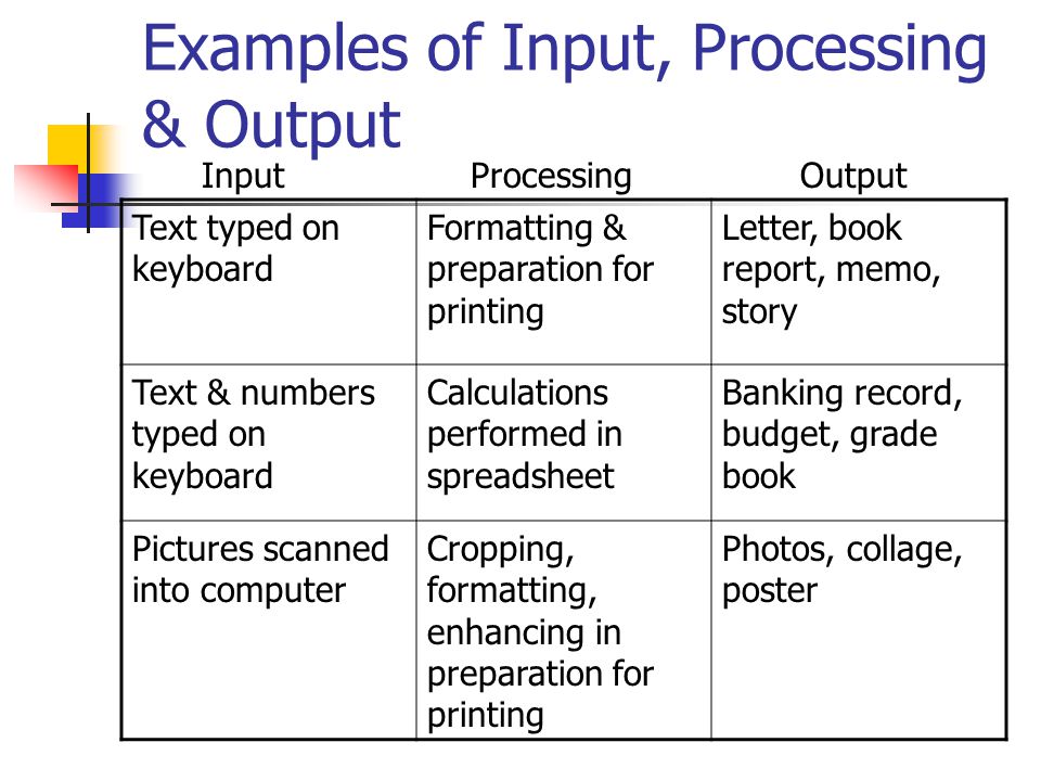 Examples of Input, Processing & Output