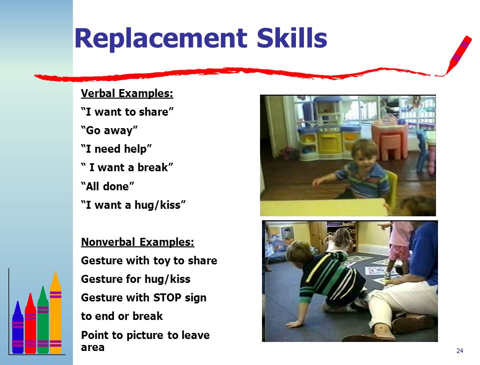 Replacement Skills Verbal Examples: I want to share Go away
