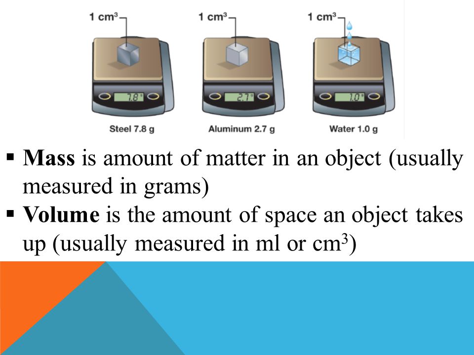 Mass is amount of matter in an object (usually measured in grams)