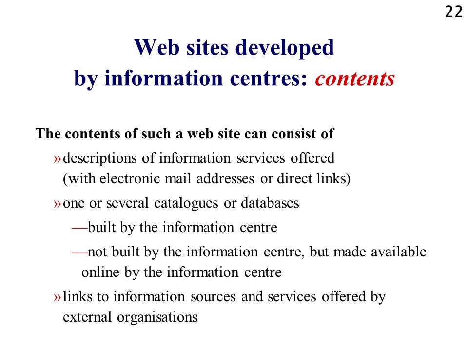 Web sites developed by information centres: contents