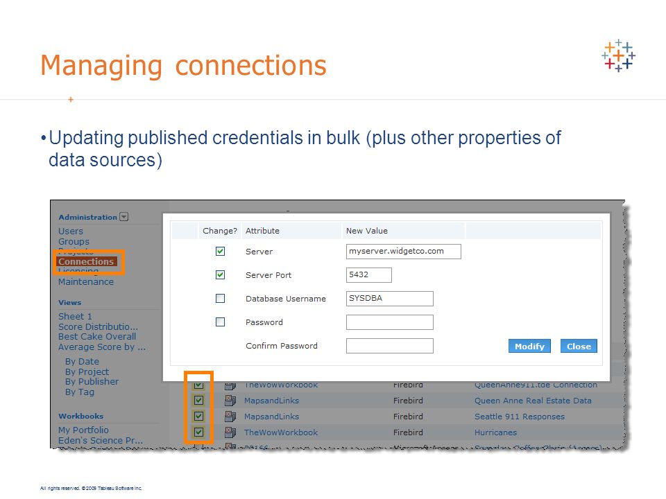 Managing connections Updating published credentials in bulk (plus other properties of data sources)
