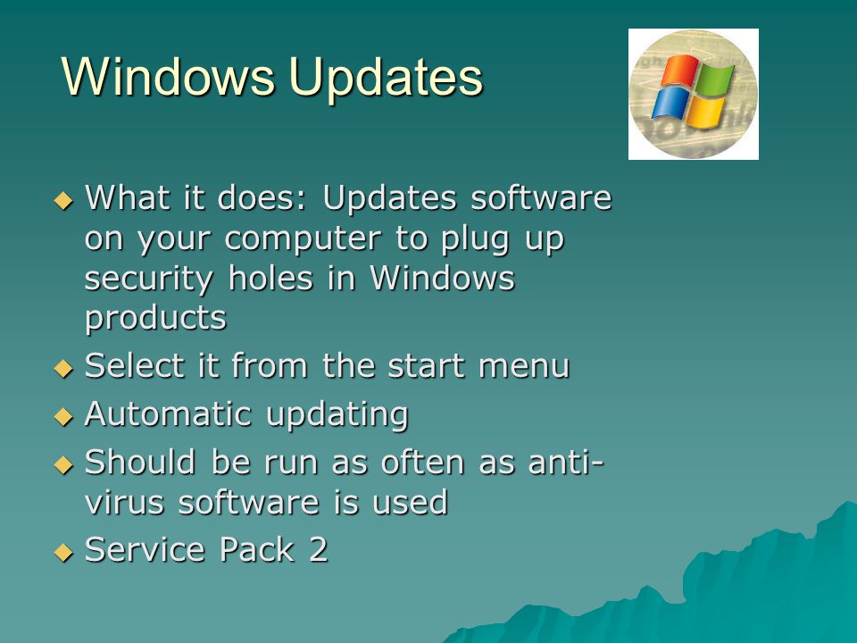 Windows Updates What it does: Updates software on your computer to plug up security holes in Windows products.