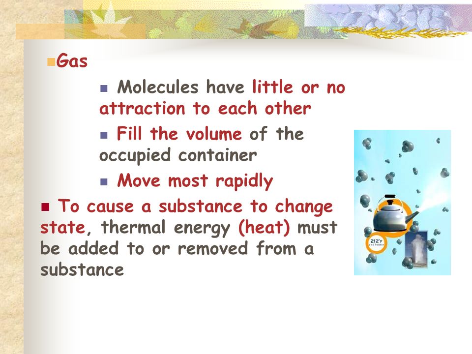 Gas Molecules have little or no attraction to each other