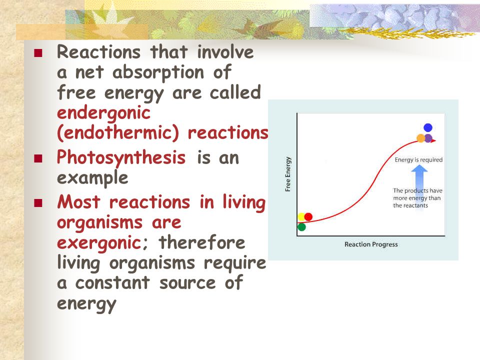 Reactions that involve a net absorption of free energy are called endergonic (endothermic) reactions
