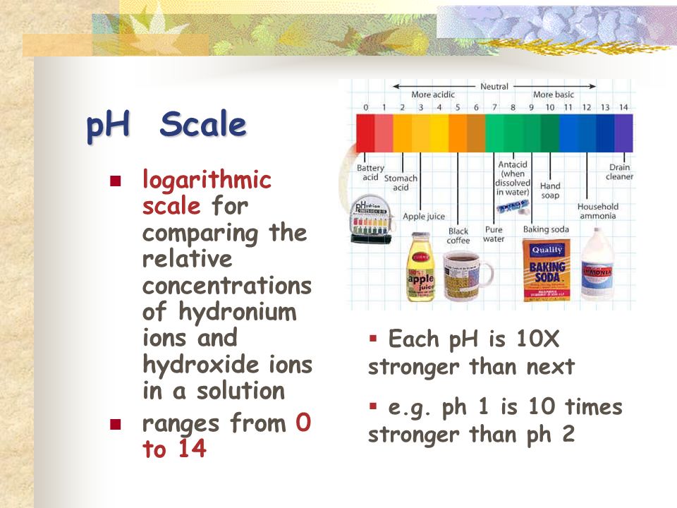 pH Scale logarithmic scale for comparing the relative concentrations of hydronium ions and hydroxide ions in a solution.