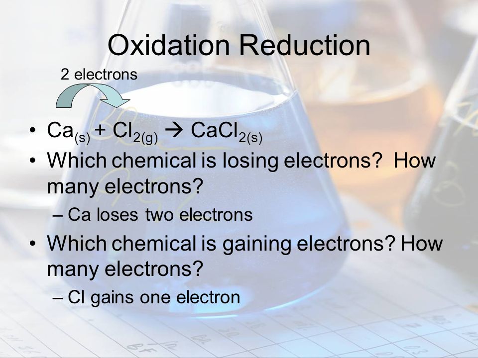 Oxidation Reduction Ca(s) + Cl2(g)  CaCl2(s)