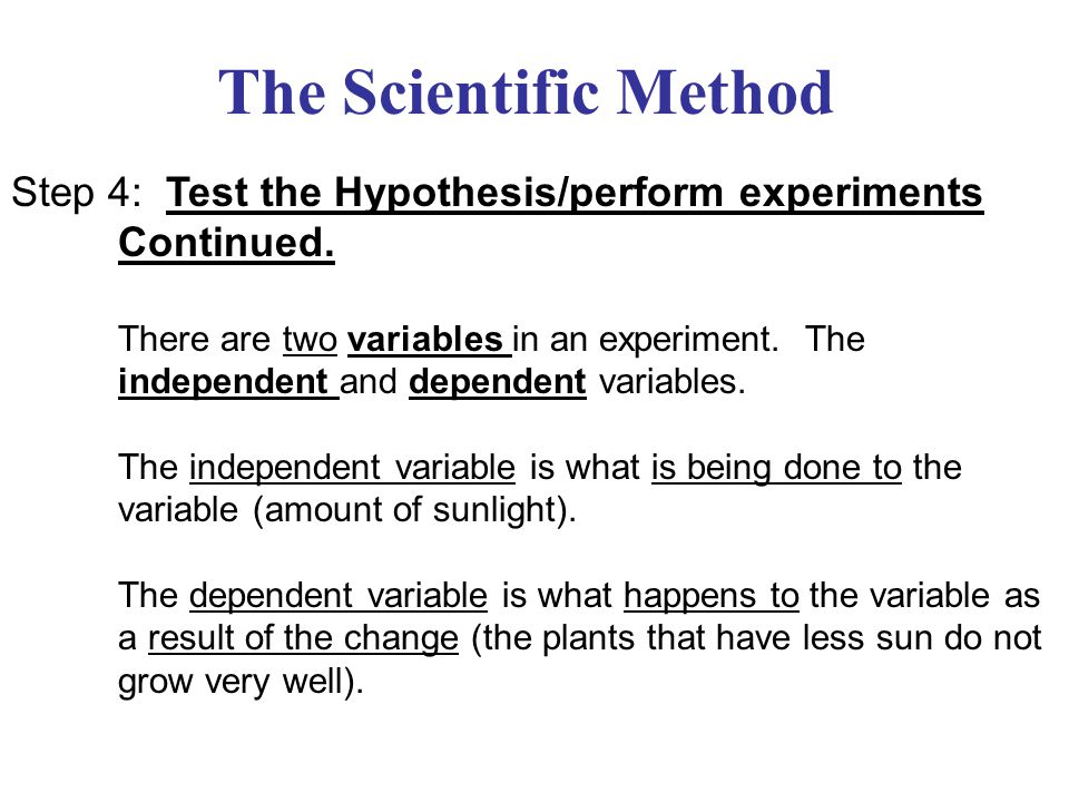 The Scientific Method Step 4: Test the Hypothesis/perform experiments Continued.