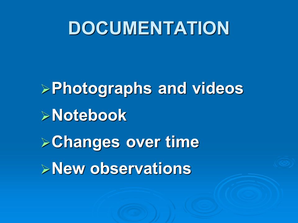 DOCUMENTATION Photographs and videos Notebook Changes over time