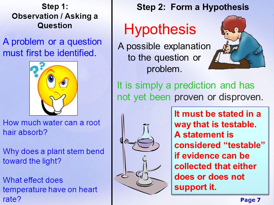 Step 1: Observation / Asking a Question. Step 2: Form a Hypothesis. Hypothesis. A problem or a question must first be identified.