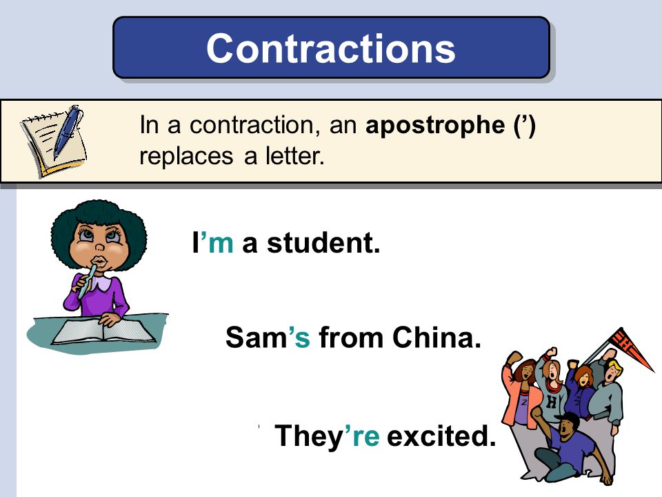 Contractions I’m a student. I a student. ’m am Sam from China.