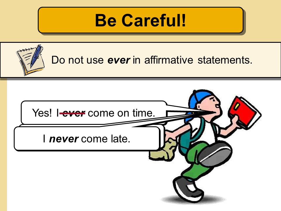 Be Careful! Do not use ever in affirmative statements.
