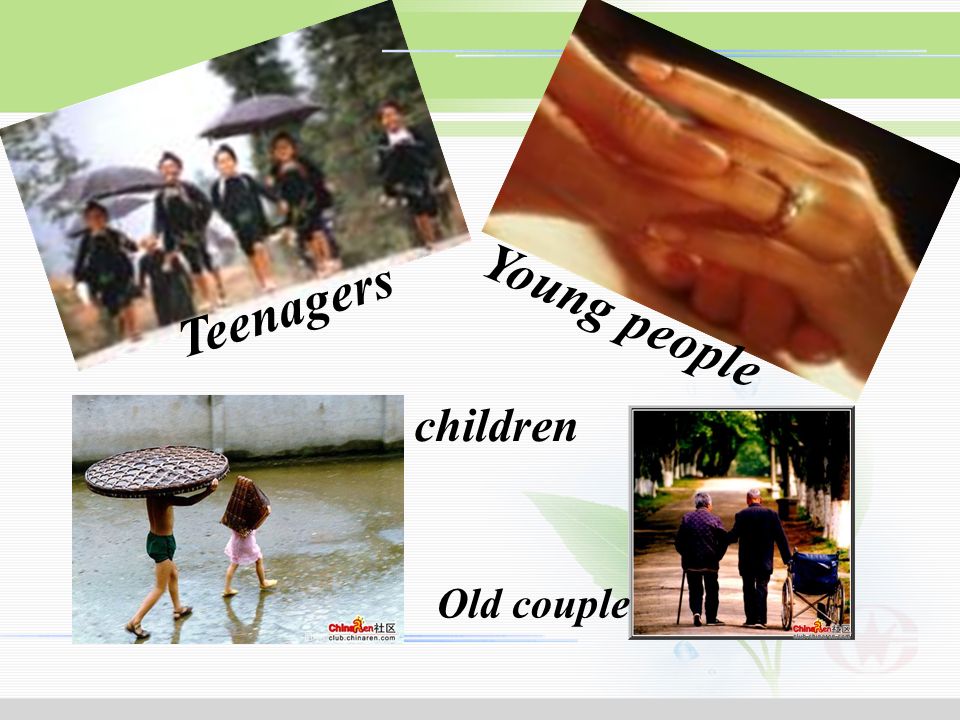 Teenagers Young people children Old couple Football players