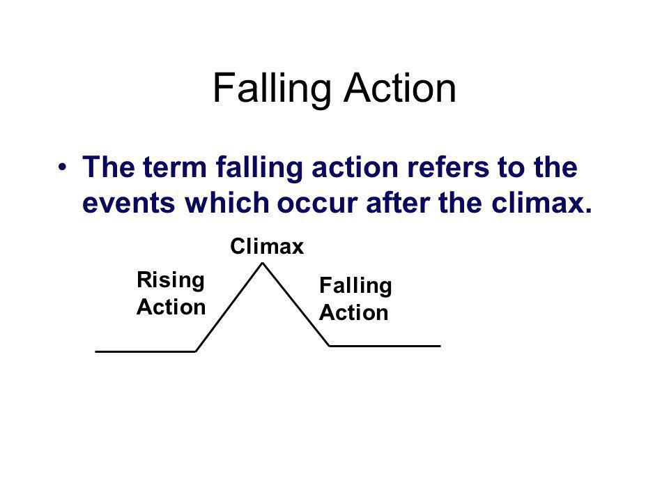 Falling Action The term falling action refers to the events which occur after the climax. Climax. Rising Action.