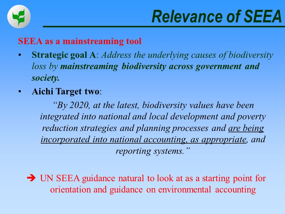Relevance of SEEA SEEA as a mainstreaming tool