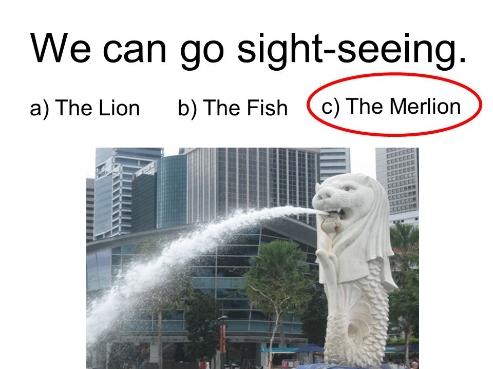 We can go sight-seeing. a) The Lion b) The Fish c) The Merlion