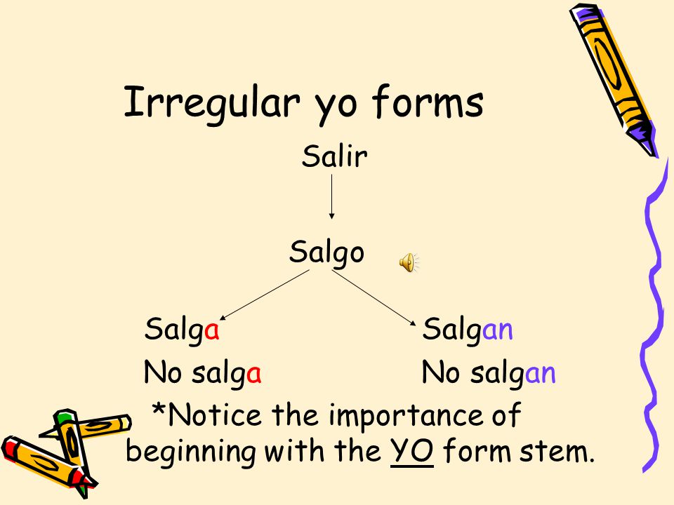 Irregular yo forms Salir Salga Salgan No salga No salgan