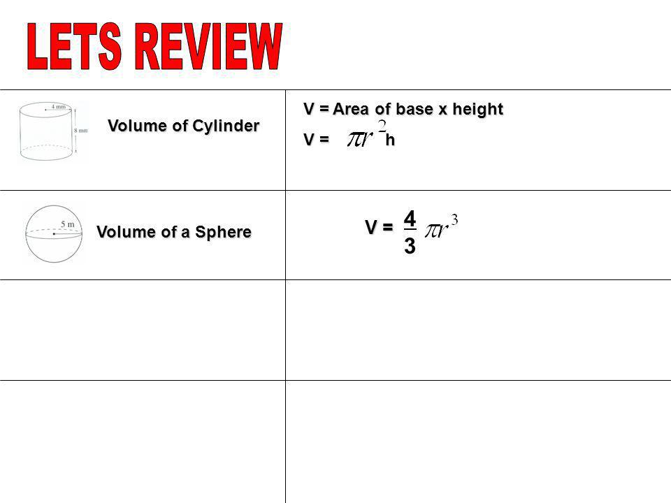 LETS REVIEW 4 3 V = V = Area of base x height V = h Volume of Cylinder