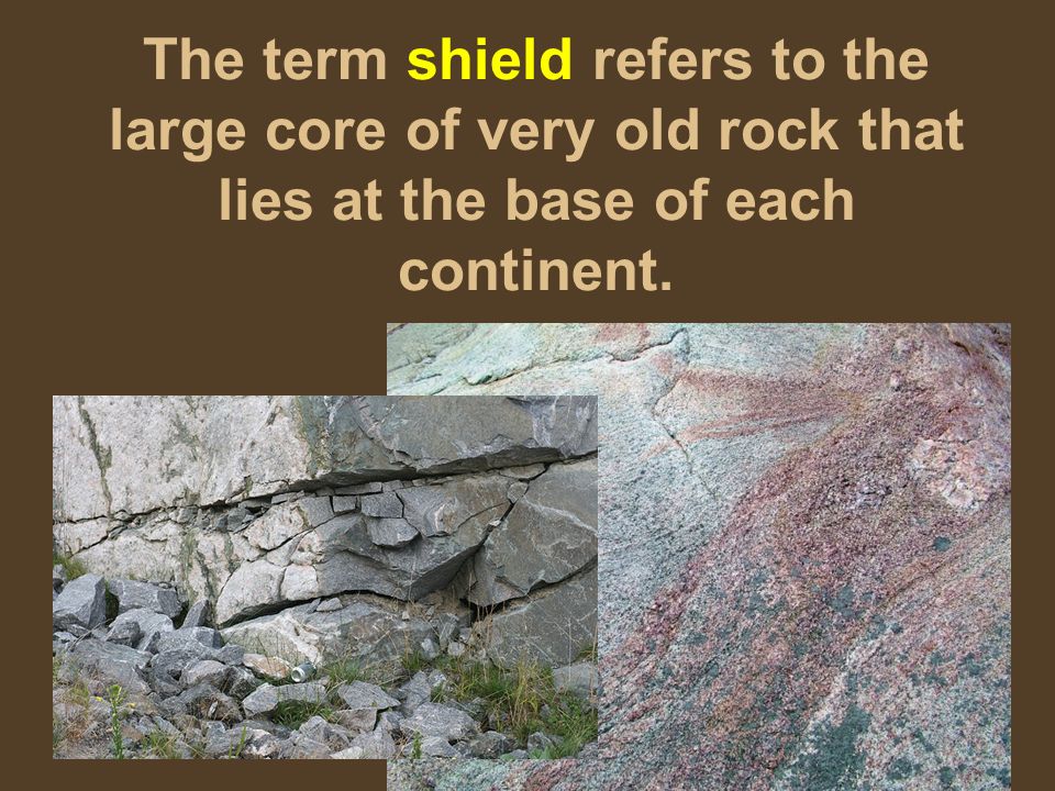 The term shield refers to the large core of very old rock that lies at the base of each continent.