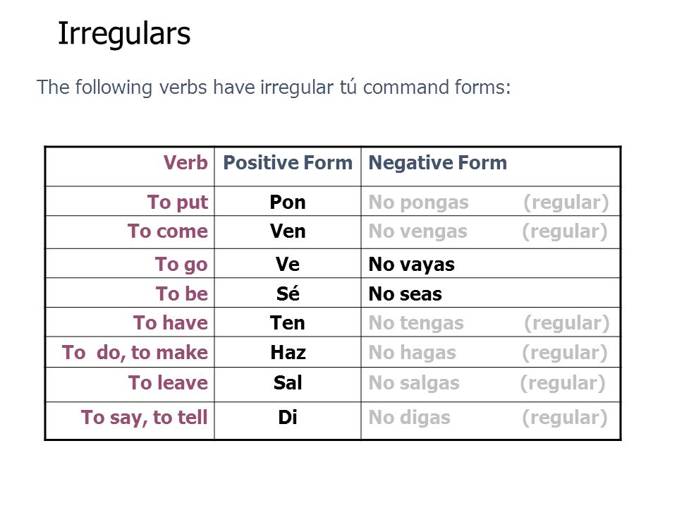 Irregulars The following verbs have irregular tú command forms: Verb