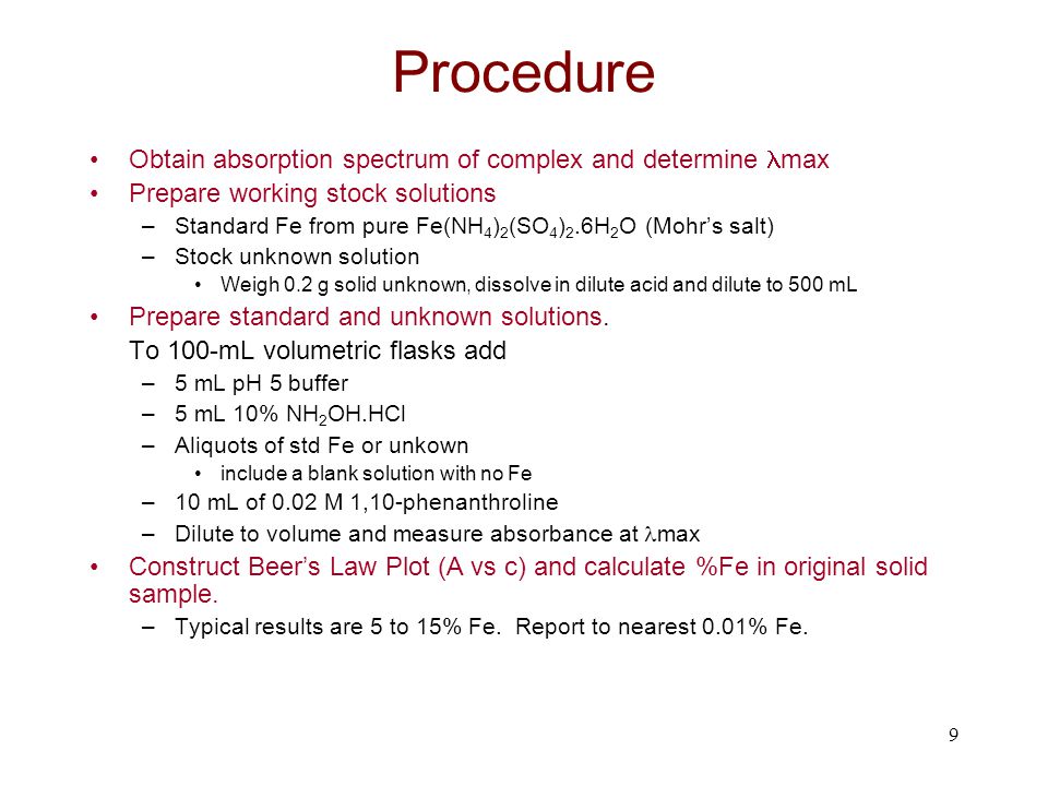 Procedure Obtain absorption spectrum of complex and determine max