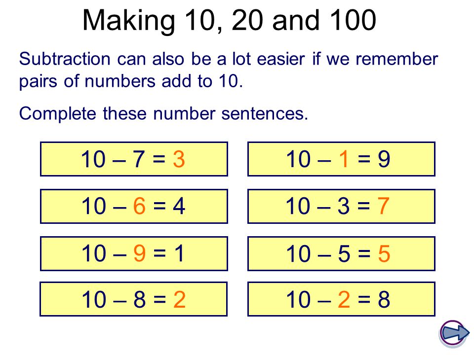 Making 10, 20 and 100 Subtraction can also be a lot easier if we remember pairs of numbers add to 10.
