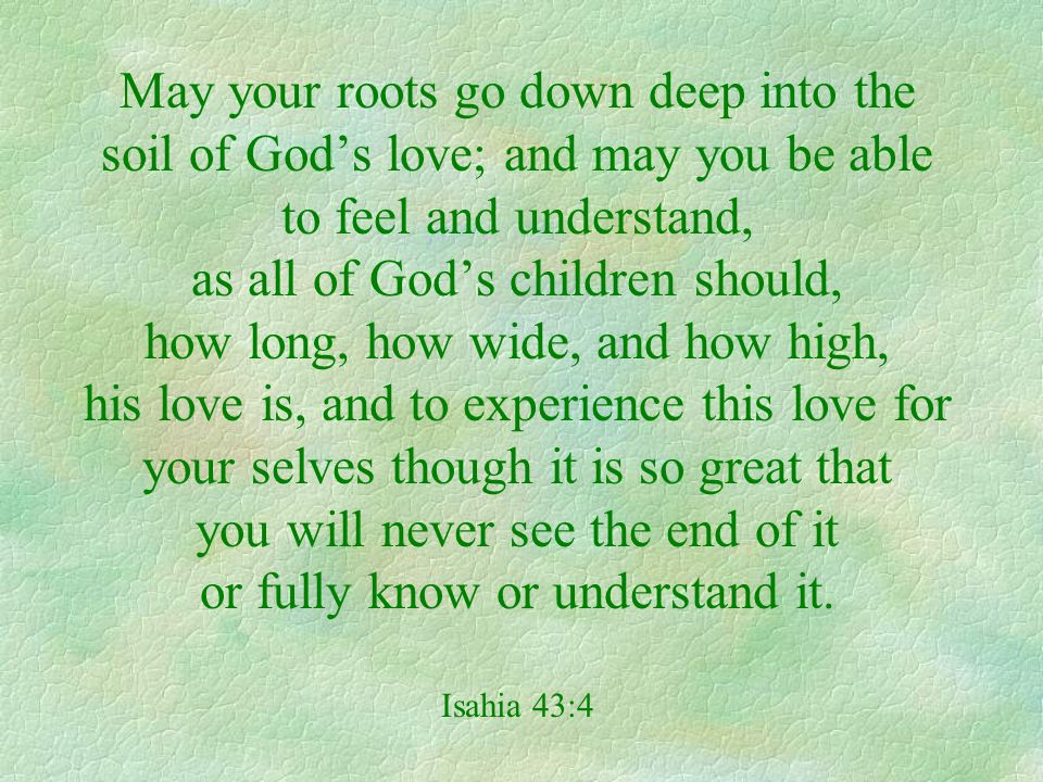 May your roots go down deep into the soil of God’s love; and may you be able to feel and understand, as all of God’s children should, how long, how wide, and how high, his love is, and to experience this love for your selves though it is so great that you will never see the end of it or fully know or understand it.