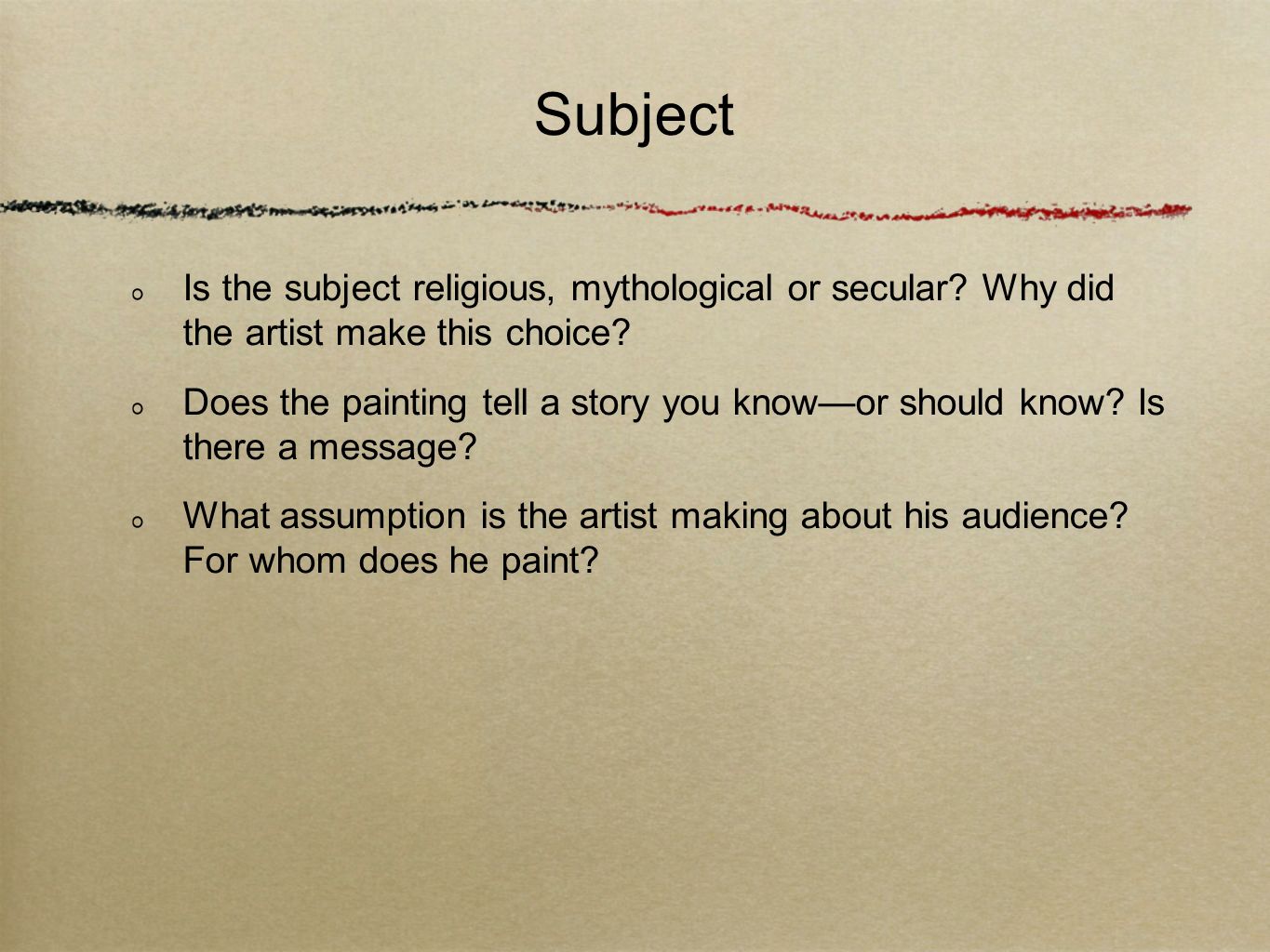 Subject Is the subject religious, mythological or secular Why did the artist make this choice