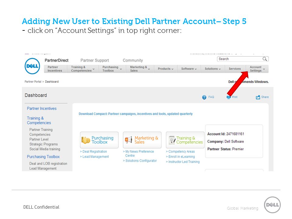 Adding New User to Existing Dell Partner Account– Step 5 - click on Account Settings in top right corner: