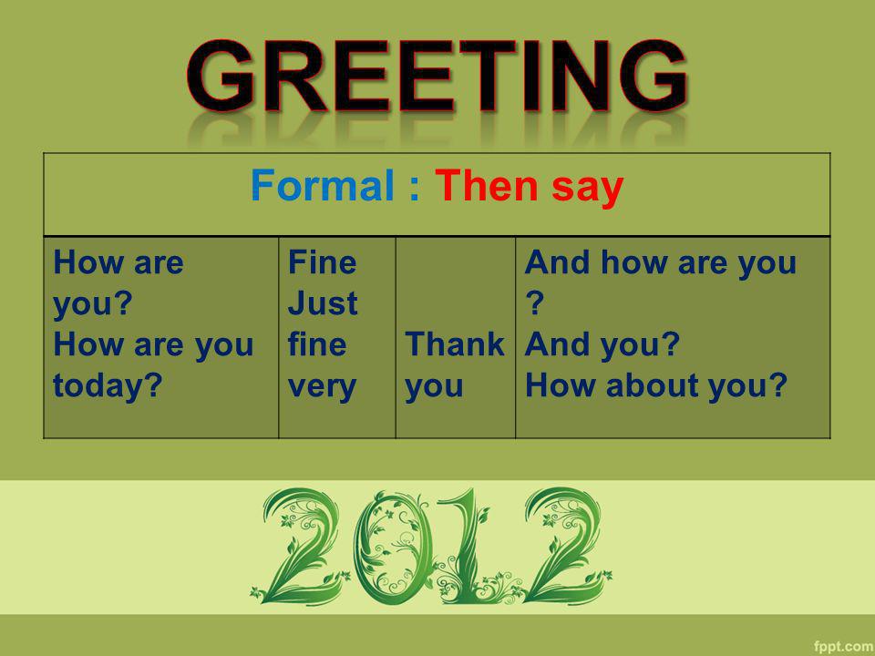 Greeting Formal : Then say How are you How are you today Fine