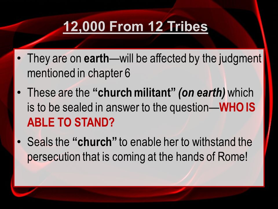 12,000 From 12 Tribes They are on earth—will be affected by the judgment mentioned in chapter 6.