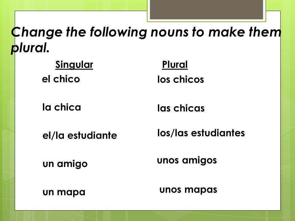 Change the following nouns to make them plural.