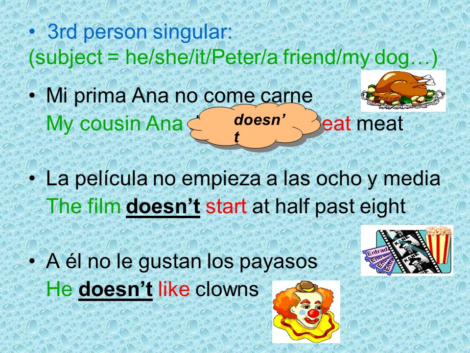 3rd person singular: (subject = he/she/it/Peter/a friend/my dog…)