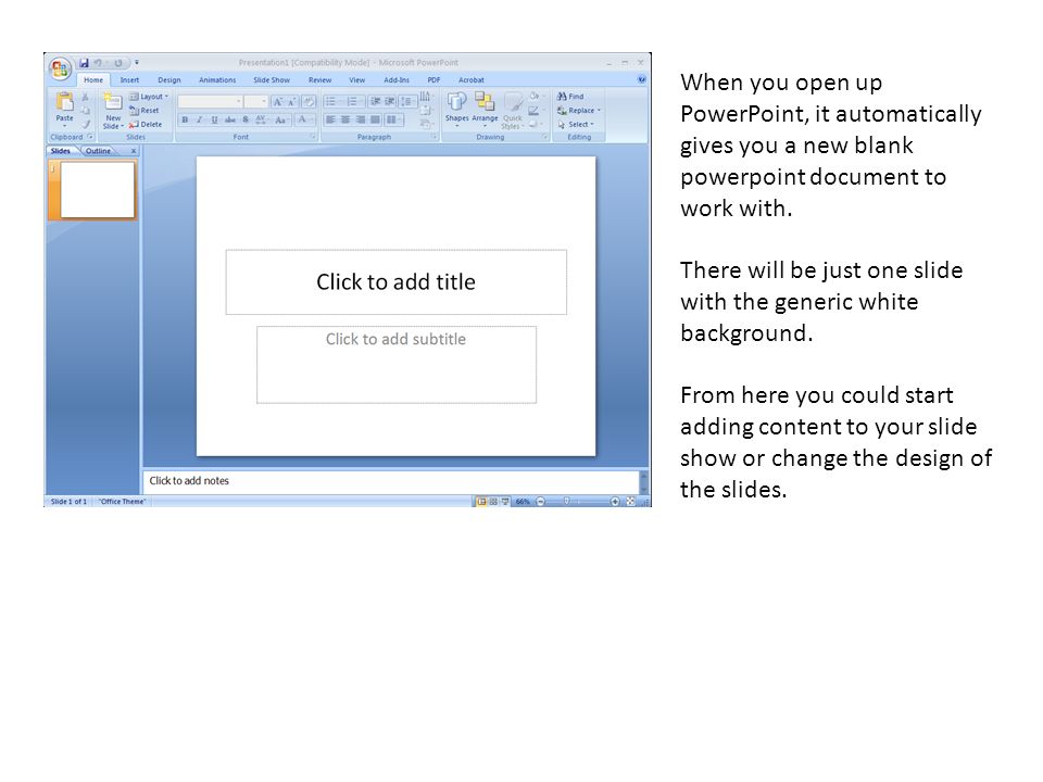 When you open up PowerPoint, it automatically gives you a new blank powerpoint document to work with.