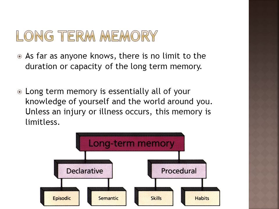 Long term memory As far as anyone knows, there is no limit to the duration or capacity of the long term memory.
