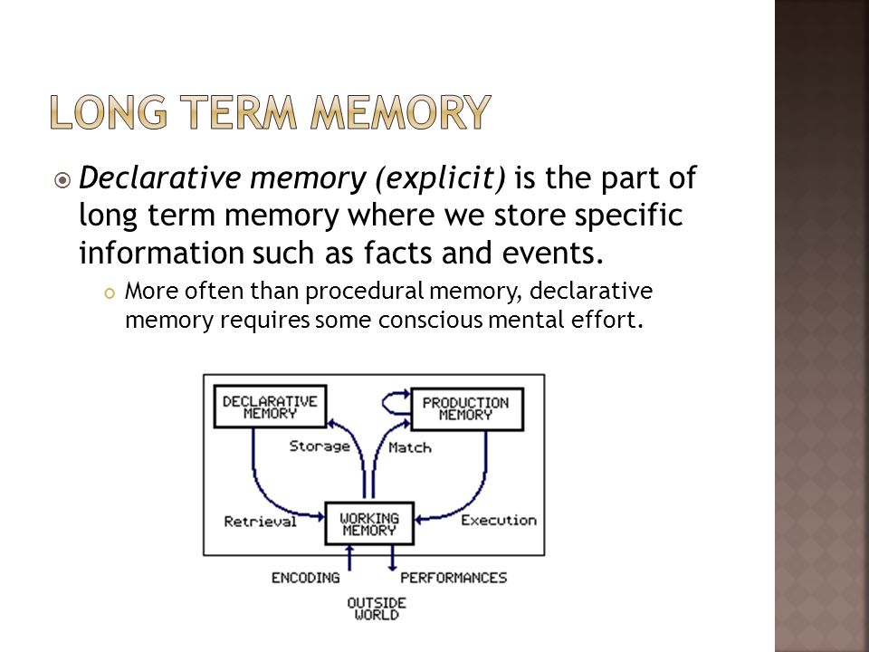 Long Term memory Declarative memory (explicit) is the part of long term memory where we store specific information such as facts and events.