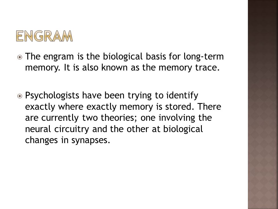 Engram The engram is the biological basis for long-term memory. It is also known as the memory trace.
