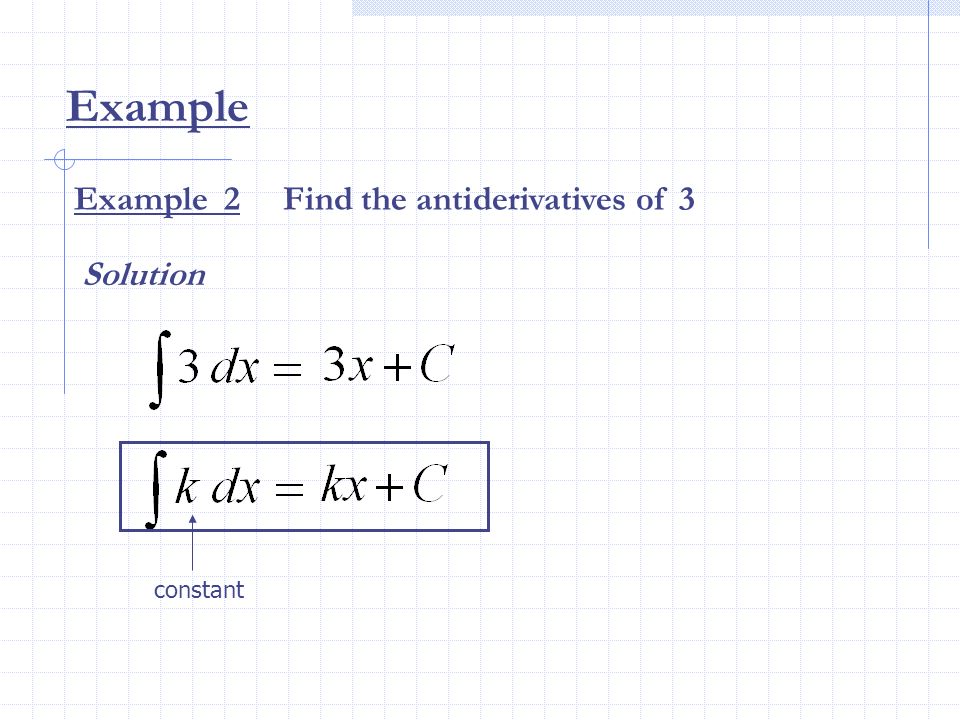 Example Example 2 Find the antiderivatives of 3 Solution constant