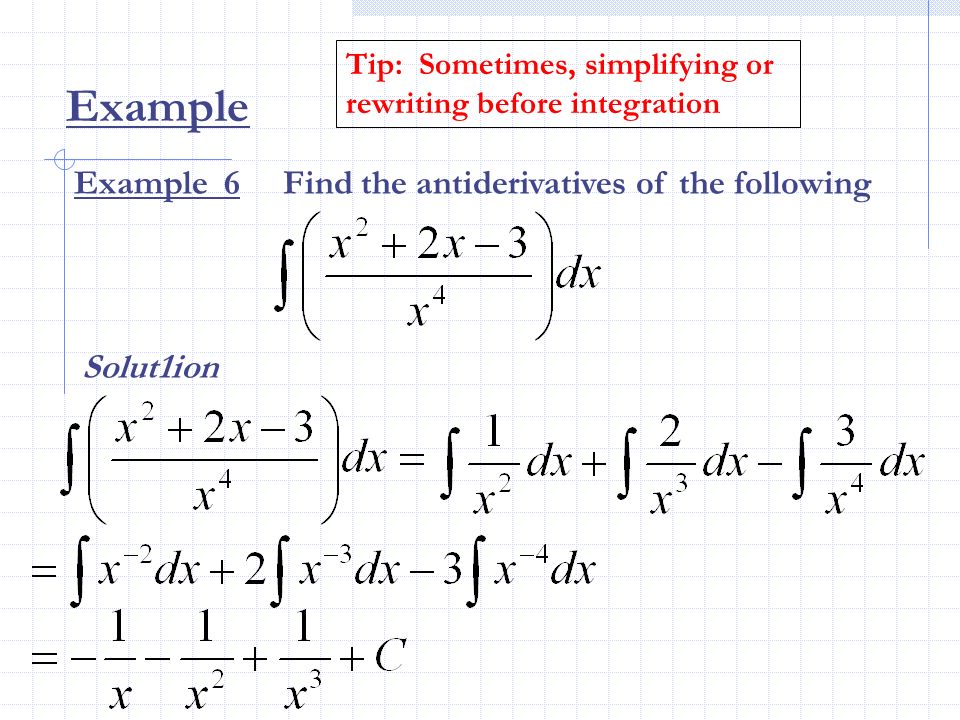 Example Example 6 Find the antiderivatives of the following Solut1ion